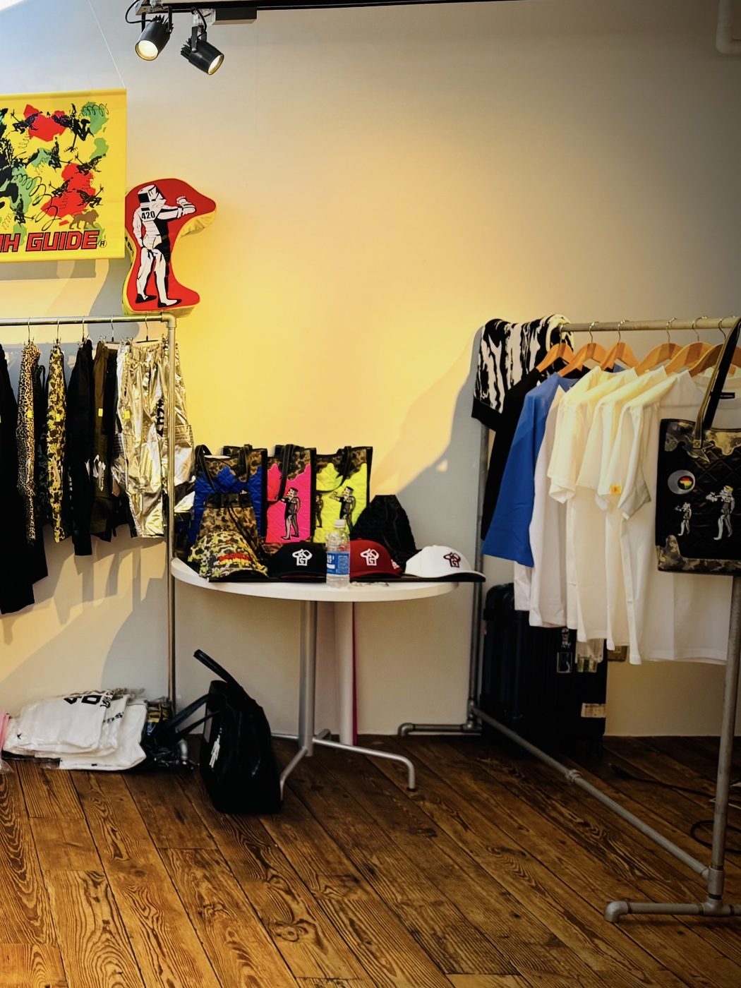 A corner of the showroom, with the current season hung on the wall